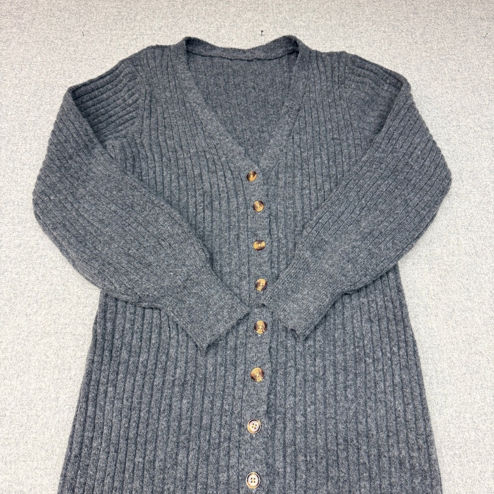 Unbranded Ribbed Knit Cardigan Dress Size Small Dark Grey Button Front Longline